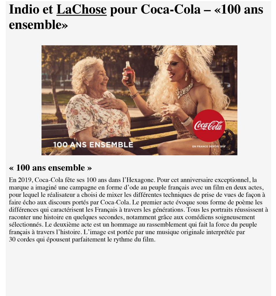 Stratégies_Indio et La Chose pour Coca-Cola – «100 ans ensemble»